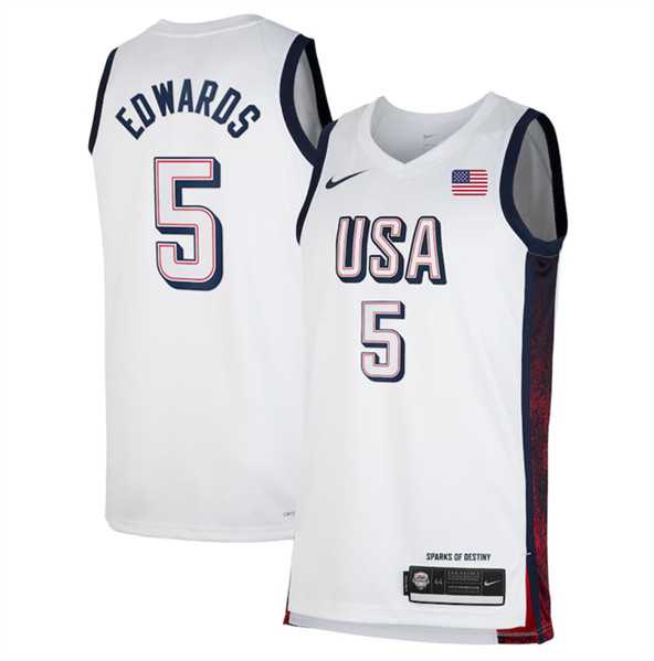 Men%27s USA Basketball #5 Anthony Edwards White 2024 Swingman Stitched Jersey